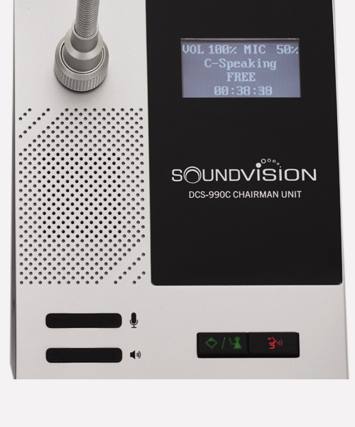 SOUNDVISION DCS-990C ชุดไมค์ประชุมสำหรับประธาน ดิจิตอล ก้านยาว 48 ซม. สามารถถอดเก็บได้ มีลำโพงในตัว และ จอแสดงผลการทำงานแบบ LCD DCS 990C ไมโครโฟนห้องประชุม
