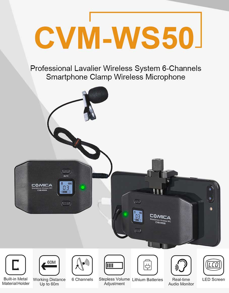 COMICA CVM-WS50 UHF(794MHz~806MHz) 6-Channels Smartphone Wireless COMICA CVM-WS50 ชุดไมโครโฟนไร้สาย 6 ชาแนล สำหรับสมาร์ทโฟน Android/IOS ย่าน UHF