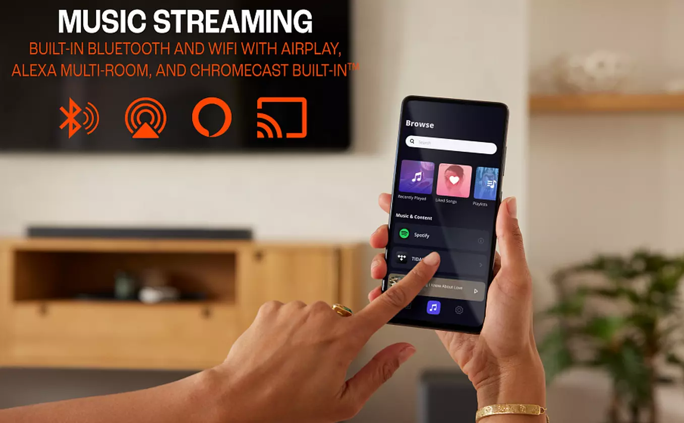 ตัวซาวด์บาร์มาพร้อม Wi-Fi รองรับการใช้งานแบบไร้สายผ่าน Airplay, Alexa Multi-Room Music และ Chromecast