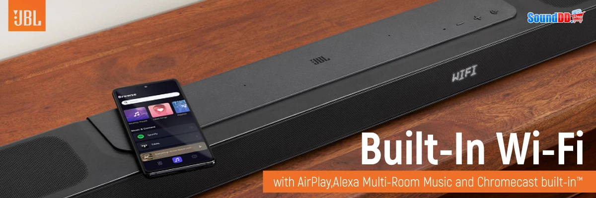 ตัวซาวด์บาร์มาพร้อม Wi-Fi รองรับการใช้งานแบบไร้สายผ่าน Airplay, Alexa Multi-Room Music และ Chromecast
